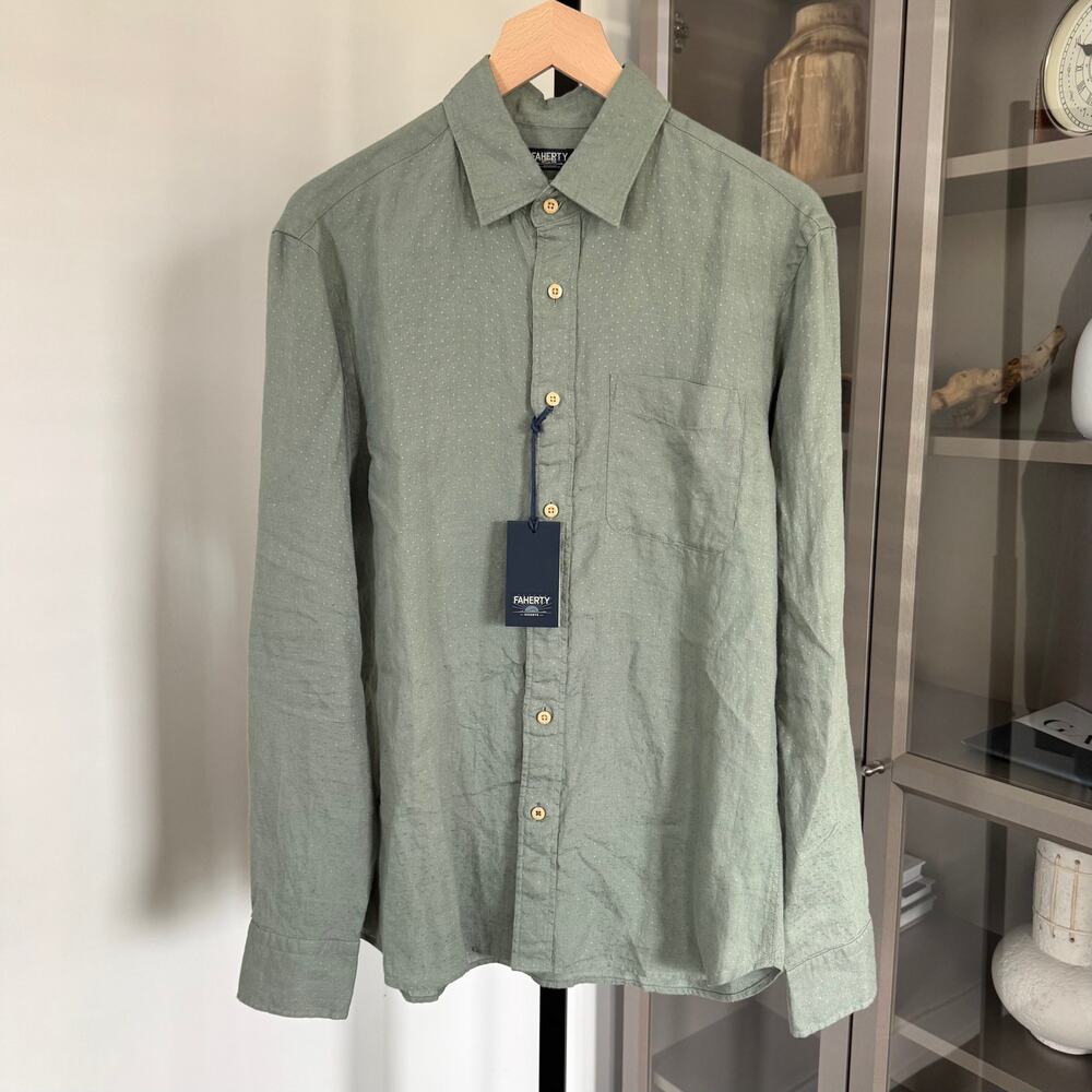Faherty Linen Laguna Storm Doby Green Long Sleeve Shirt XL NEW Button Up Pocket - Picture 2 of 7